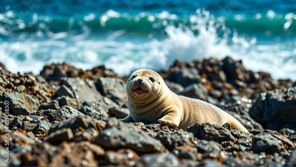 Obraz A Playful Baby Seal Resting On A Rocky Shore