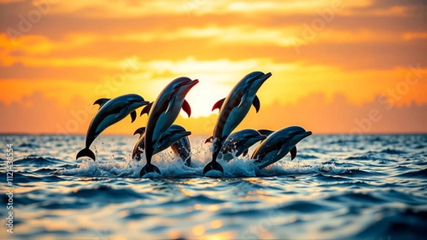 Obraz Group Of Dolphins Leaping Out Of The Water