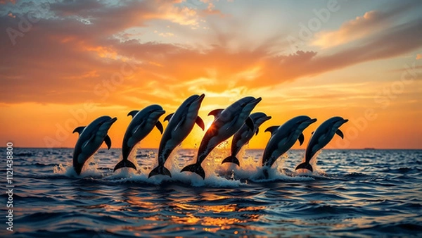 Obraz Group Of Dolphins Leaping Out Of The Water