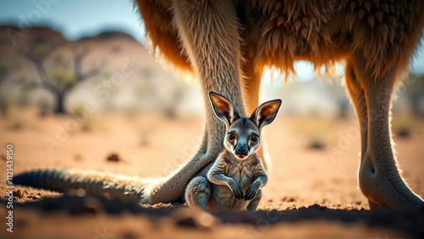 Obraz Curious Baby Kangaroo Peeking Out From Its Mother's Pouch