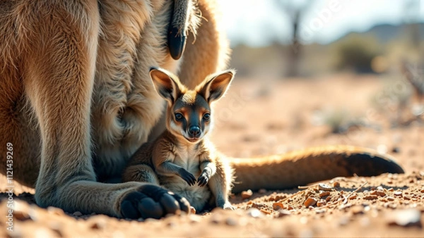 Obraz Curious Baby Kangaroo Peeking Out From Its Mother's Pouch