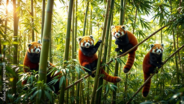 Obraz Playful Group Of Red Pandas Climbing In The Trees
