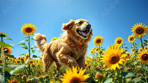 Obraz Beautiful Golden Retriever Running Through A Field Of Sunflowers