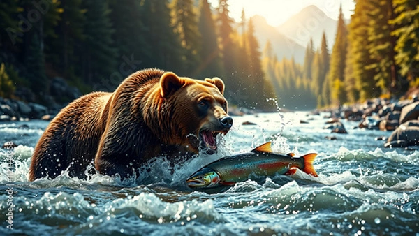 Obraz Grizzly Bear Catching Salmon In A Rushing River