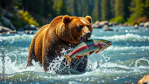 Obraz Grizzly Bear Catching Salmon In A Rushing River
