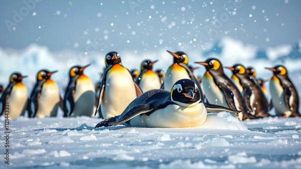 Obraz Playful Group Of Penguins Sliding On Ice In Antarctica
