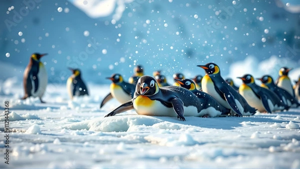 Obraz Playful Group Of Penguins Sliding On Ice In Antarctica