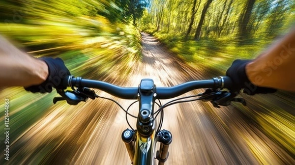 Obraz Adrenaline Rush: A First-Person View of Mountain Biking Through Lush Forest Trails
