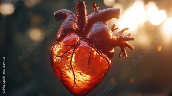 Fototapeta A red glass heart sits on a table with a blurry background. AI.