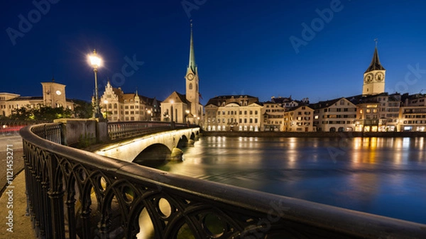 Fototapeta blaue Stunde in Zürich in der Schweiz