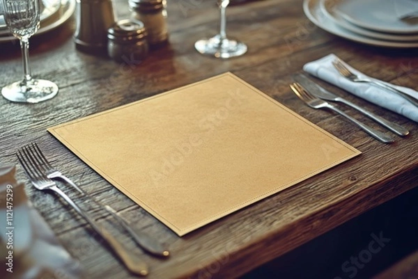 Obraz A rustic wooden table elegantly set with polished cutlery and crystal glasses, featuring a central blank placemat ready for culinary delights.