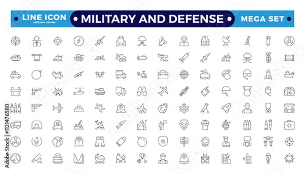 Fototapeta Military equipment, combat war weapon line icon set. Missile bomb and grenade, pistol and medal of army soldier, target of gun drone Military and Defense editable stroke outline icon.