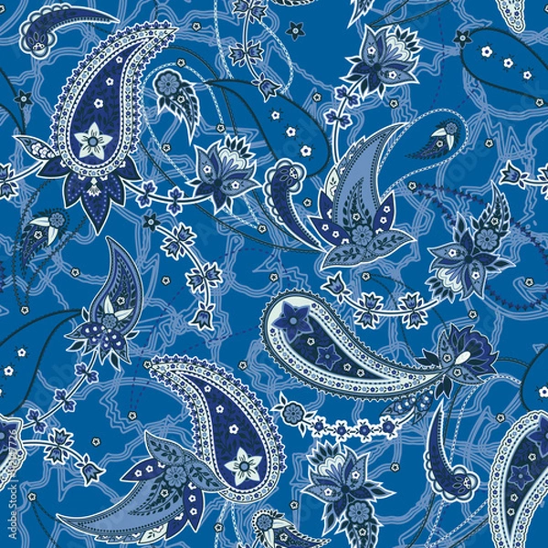 Fototapeta vector seamless gentle romantic floral paisley pattern, fantasy oriental background allover print with flowers, chains, leaves, dots, outlines