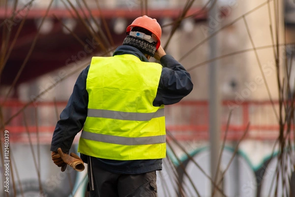 Obraz Builder with a red helmet at the construction  site