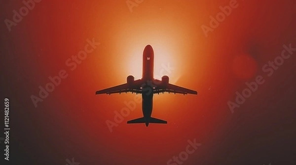 Obraz Silhouette of Airplane Soaring Through Sunset