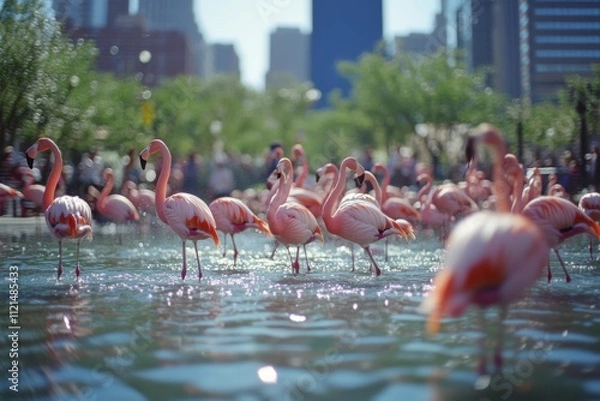 Obraz Flamingos wade gracefully in an urban pond with skyscrapers in the backdrop, merging nature with city life in a vivid display.