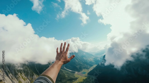 Obraz Freedom inspires as a hand stretches towards the breathtaking mountain vista, framed by fluffy clouds, capturing the thrill of natures grandeur and limitless possibilities.