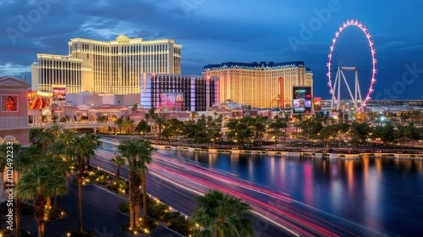 Obraz Las Vegas Strip Night View: Illuminated Hotels, Ferris Wheel, and City Lights