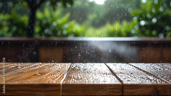 Obraz Empty wooden table with rain water and blurred rain background
