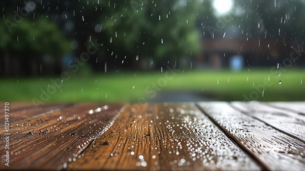 Obraz Empty wooden table with rain water and blurred rain background