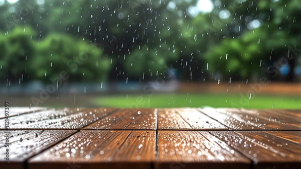 Obraz Empty wooden table with rain water and blurred rain background