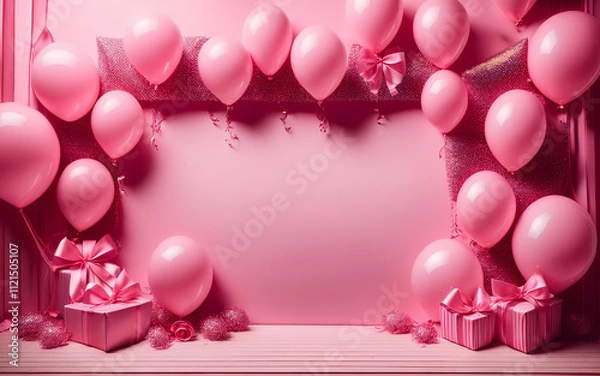Fototapeta Elegant Pink Balloon and Ribbon Frame: A Perfect Backdrop for Celebrations, Parties, or Special Events with Soft Pastel Colors and a Festive, Girly Vibe.