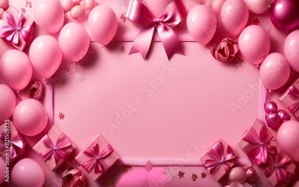 Fototapeta Elegant Pink Balloon and Ribbon Frame: A Perfect Backdrop for Celebrations, Parties, or Special Events with Soft Pastel Colors and a Festive, Girly Vibe.