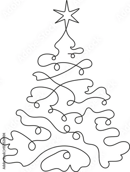 Fototapeta Continuous one line simple black and white drawing of Christmas tree with star garland and decorations