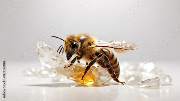Fototapeta A close-up of a honey bee, displaying its intricate body details as it interacts with crystalline sugar. Soft, neutral background emphasizes the subject.