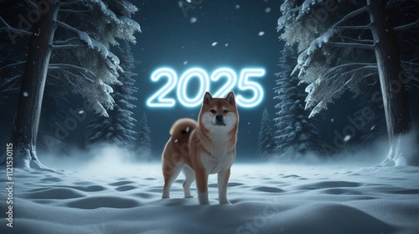 Fototapeta A Shiba Inu standing in a snowy landscape at night, with snowflakes glowing and a neon '2025' sign behind.