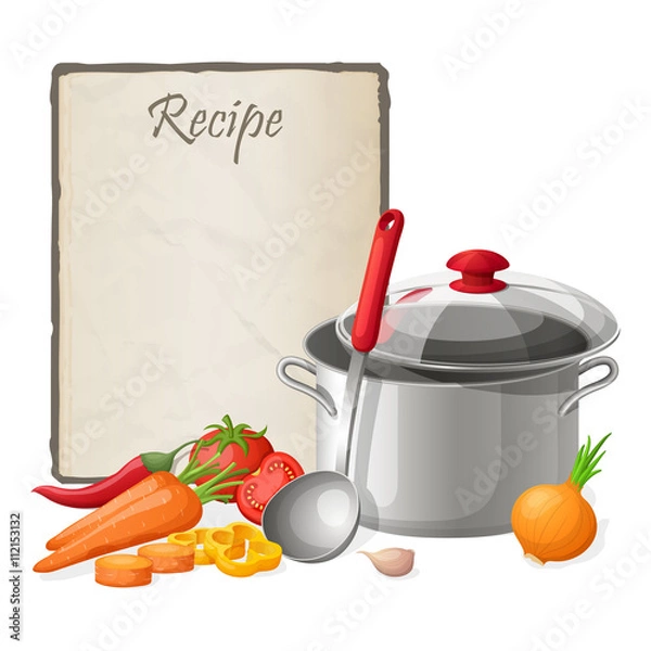 Fototapeta Recipe card. Kitchen note blank template vector illustration. Cooking notepad on table with kitchenware and vegetables
