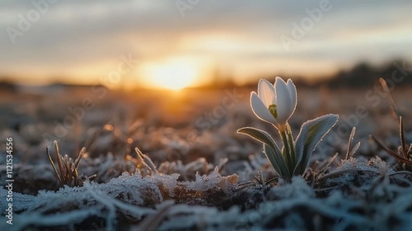 Fototapeta Single snowdrop flower blooming in frosty field at sunrise.