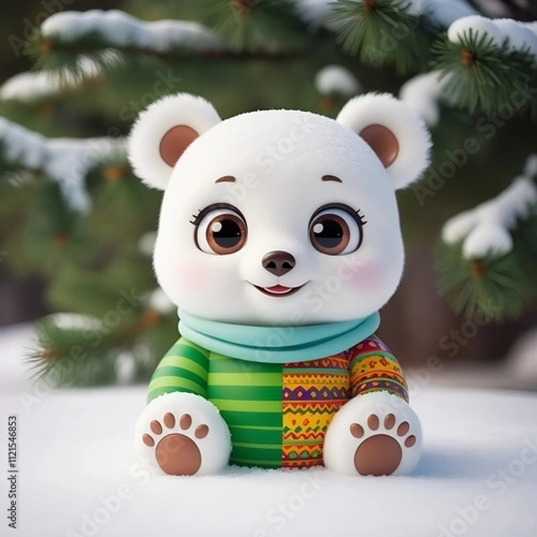 Fototapeta A cartoon bear is sitting in the snow with a green and blue striped sweater on. The bear has a happy expression on its face