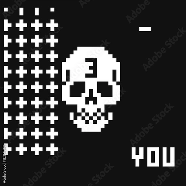Fototapeta Human skull pixel art icon, abstract background vector illustration, game assets, sprite, design stickers, logo, mobile app, embroidery. 