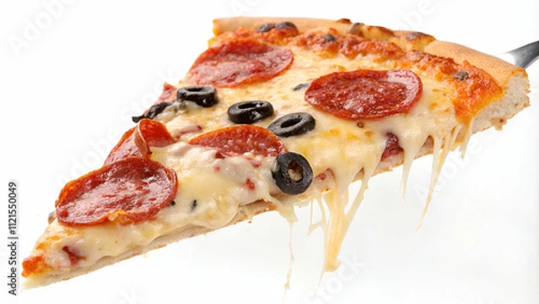 Fototapeta A flying slice of pepperoni pizza, with melted cheese and olives, isolated on white for a mouthwatering and vibrant food design