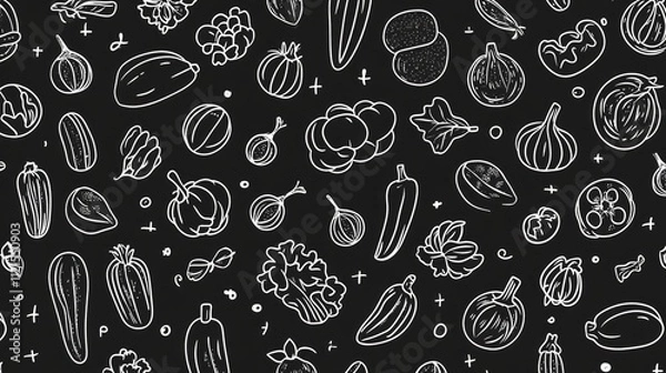 Fototapeta Seamless doodle pattern of various vegetables on black background