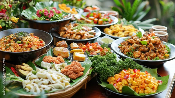 Fototapeta A table filled with a variety many kind of dishes, The meal is served on a light wooden table in restaurant, A beautifully arranged table featuring diverse dishes.