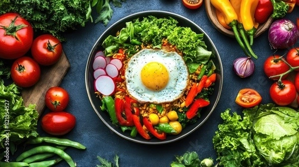 Fototapeta A delicious bowl of American fried rice with a fried egg on top, surrounded by mixed vegetables and colorful garnishes, set on a rustic background