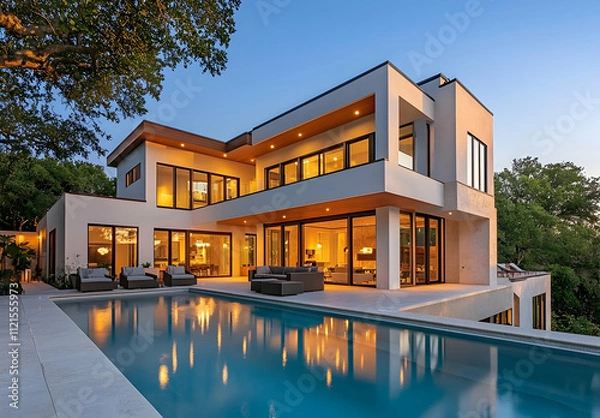 Fototapeta Modern two-story house with a pool and terrace, front view. Large white family home with a black roof. High-resolution, detailed rendering of architecture,