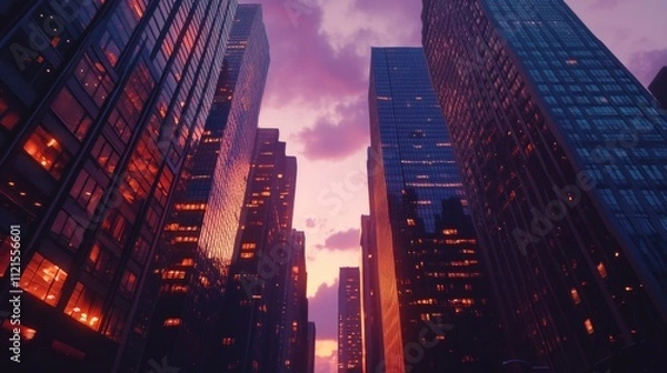 Fototapeta City skyscrapers at sunset, illuminated windows.