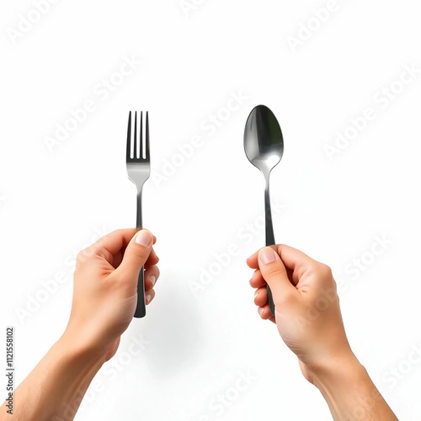 Fototapeta Hands holding fork and spoon isolated on the blank