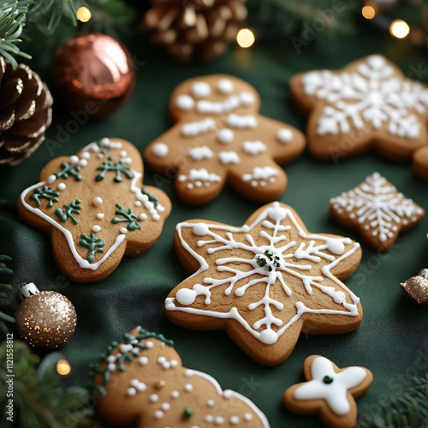 Fototapeta Festive Holiday Arrangement of Decoratively Iced Gingerbread Cookies on a Dark Green Background with Ornaments and Pine Cones for a Cheerful Celebration