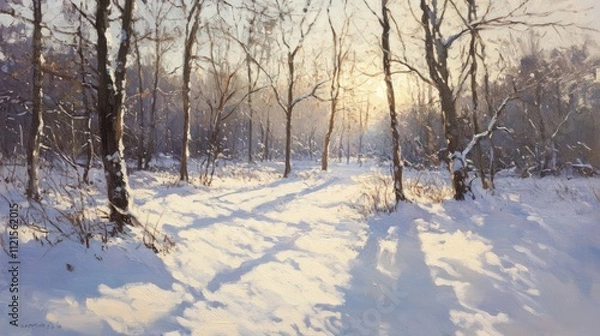 Obraz Snowy forest path, winter sunlight, trees.