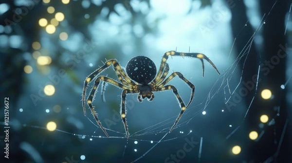 Fototapeta A spider sitting still in the middle of its web, surrounded by glistening morning dew, creating an atmospheric and natural close-up