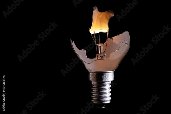 Fototapeta gebrochene Glühlampe mit durchbrennender  Glühwendel, Wolframdraht vor schwarzen Hintergrund und komplett sichtbaren Lampengewinde E29