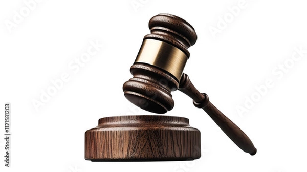 Fototapeta Wooden gavel on a base, symbolizing justice and law, isolated on a white background.