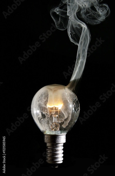 Fototapeta gebrochene Glühlampe mit durchbrennender  Glühwendel, und rauchendem Wolframdraht vor schwarzen Hintergrund und komplett sichtbaren Lampengewinde E29