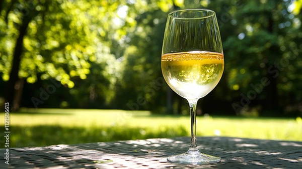 Fototapeta Nestled among verdant woods, a picnic table has a half-full glass of white wine.