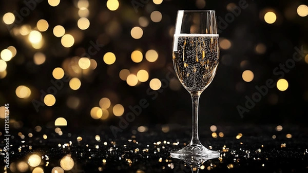 Fototapeta The background features gentle bokeh lights and a sparkling wine glass on a reflecting black surface.