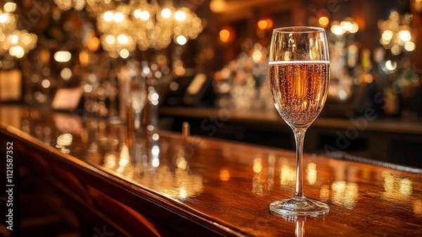 Fototapeta A sparkling wine glass on a polished wooden bar with reflections of chandeliers